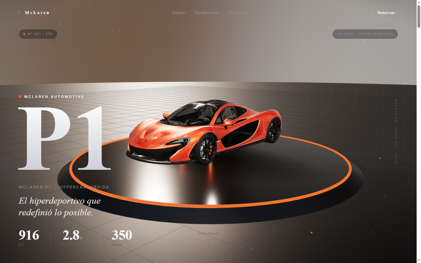 Configurador 3D del McLaren P1 en tiempo real en el navegador con Three.js, desarrollado por Zenit